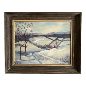 Vintage Impressionist Snowy Farm Landscape Framed Oil Painting