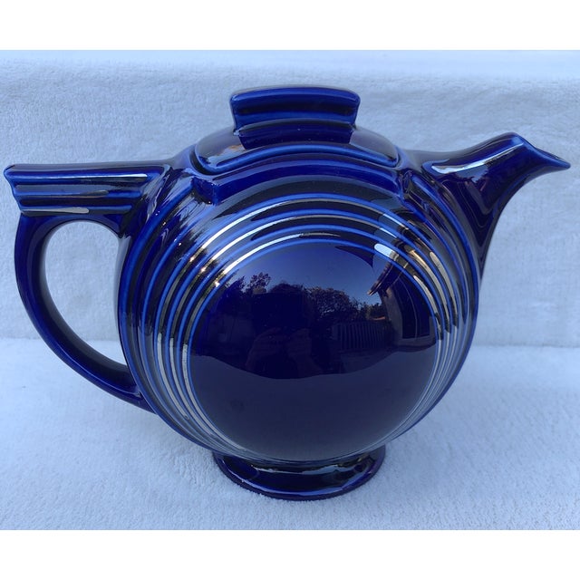 6 Cup Teapot by HALL Made in U.S.A. Glossy cobalt blue and silver accents.