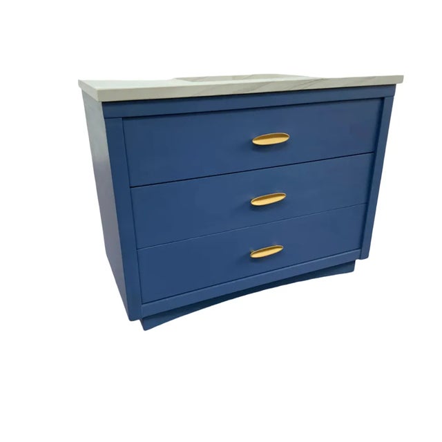 Vintage Bow-Front Navy Blue Bathroom Vanity With Stone Top & Brass Hardware For Sale - Image 4 of 5