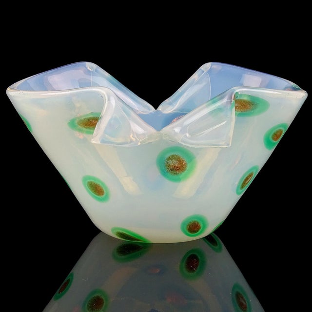 Beautiful vintage Murano hand blown white opal, with green and aventurine murrines Italian art glass scissor cut rim bowl....