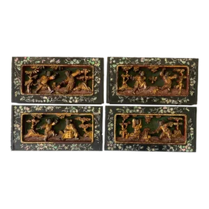 Antique Chinese Carved Wood With Figures Mop and Gold Gilt- Set of 4