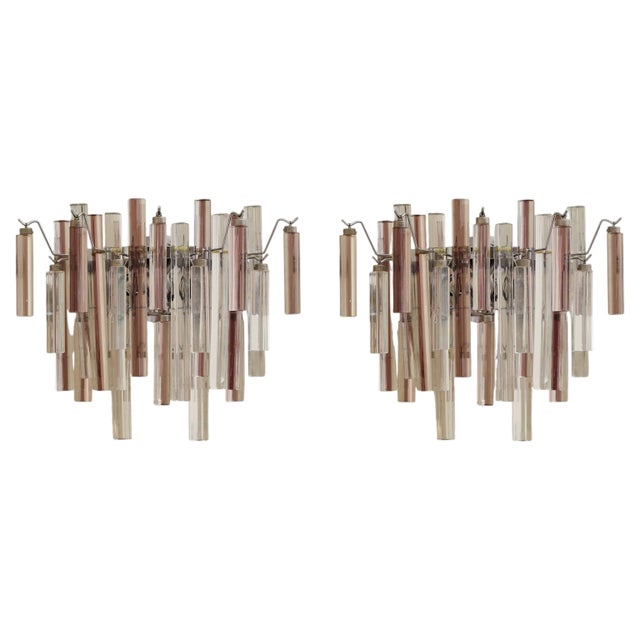 Pair of Pink Triedri Glass Sconces by Venini, 1960s For Sale