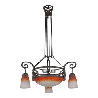 1920s French Art Deco Chandelier by Fournet & Schneider - Orange Mottled Glass, Wrought Iron For Sale