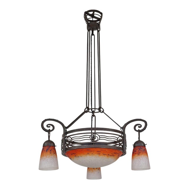 1920s French Art Deco Chandelier by Fournet & Schneider - Orange Mottled Glass, Wrought Iron For Sale