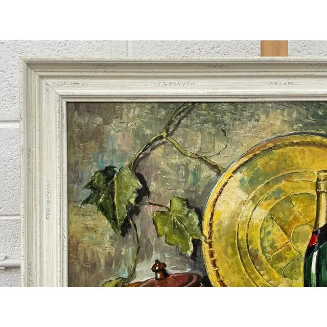 Vintage Champagne Bottle With Grapes Still Life Oil Painting by 20th Century Artist, 1985 Circa For Sale - Image 12 of 12