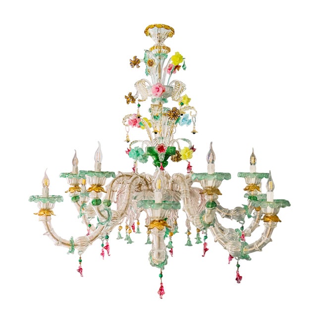 Vintage Venetian Murano Hand Crafted Green Glass and Flowers Chandelier, 1960s For Sale