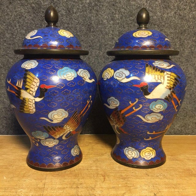 Pair of Small Chinese Cloisonné Enamel Crane & Cloud Jars With Lids - 8" Tall For Sale - Image 4 of 9