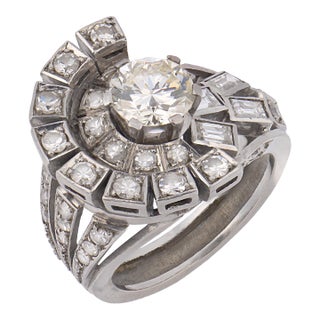1950s Mid Century Round Brilliant Cut Diamond Platinum Cocktail Ring, Size 5 For Sale