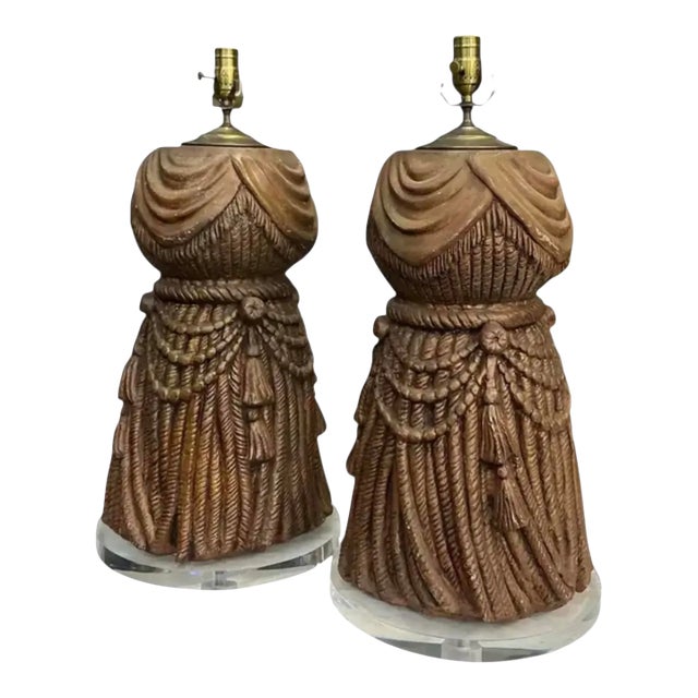 Mid-Century Hollywood Regency Gilt Tassel & Lucite Table Lamps - Pair For Sale