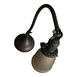 Vintage French Frosted Opaque Glass Bronze Adjustable Swan Neck Table Lamp Light