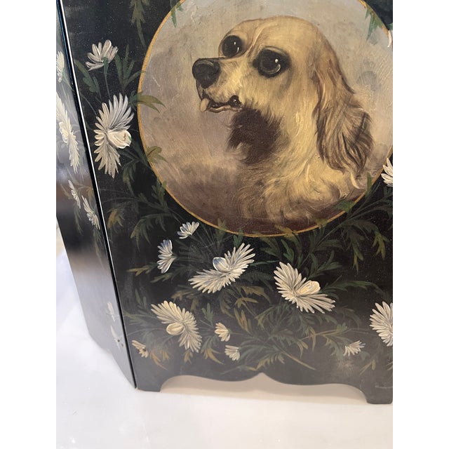 Late 19th Century Late 19th Century Victorian Paper Mache Tri-Fold Screen With a Painting of a Dog Surrounded by Flowers For Sale - Image 5 of 9