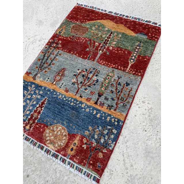 Gabbeh Caravan Red & Green Hand-Knotted Wool Area Rug For Sale - Image 6 of 12