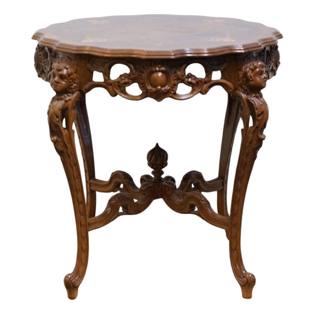 Vintage Antique Mahogany & Walnut Louis XV French Provincial 29" Accent Table W. Cherubs and Acanthus Leaf Carvings For Sale