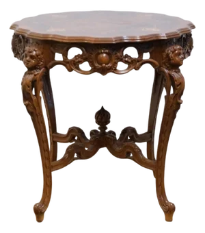Vintage Antique Mahogany & Walnut Louis XV French Provincial 29" Accent Table W. Cherubs and Acanthus Leaf Carvings