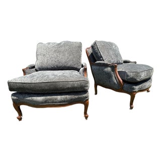 Mid 20th Century Classic French Carved Walnut Bergere Club Chairs For Sale