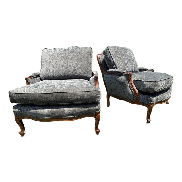 Mid 20th Century Classic French Carved Walnut Bergere Club Chairs For Sale