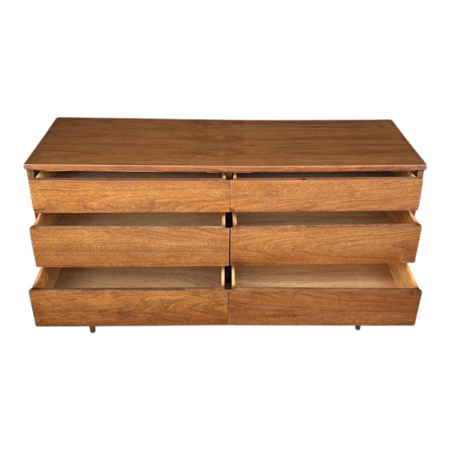 Mid-Century Modern Mid-Century Modern Walnut Lowboy Dresser With Sculpted Wood Pulls For Sale - Image 3 of 11