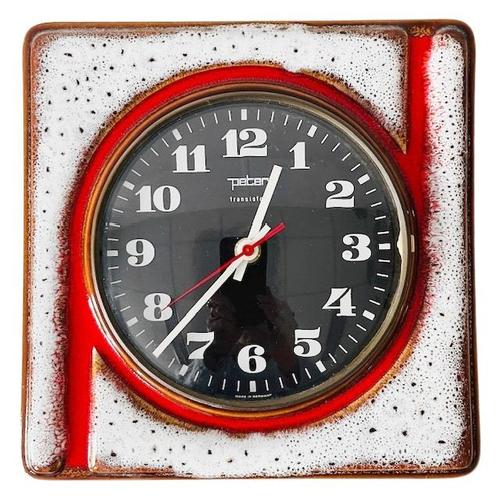 Cool retro vintage Junghans Peter wall clock made of West German fat lava ceramic with red and white glaze from the 1960s....