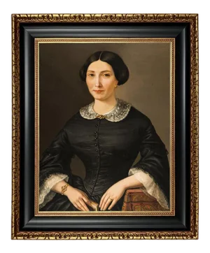 Early Victorian Lady Framed Oil Painting Print on Canvas, Black and Antiqued Gold Frame