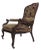 Wonderfully quality carved mahogany arm chair with grand proportions. Original cut velvet upholstered fabric. Fabric worn....