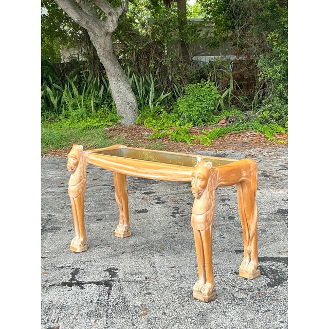 Champagne Vintage Boho Egyptian Revival Carved Lions Head Console Table For Sale - Image 8 of 8