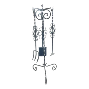Mid 20th Century Twisted Wrought Iron Fireplace Set Tripod Stand With Shovel, Poker and Fork - 4 Pieces