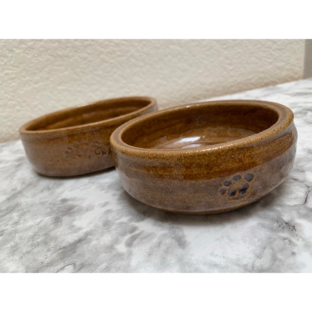 1970s Vintage Handmade Rustic Pottery Pet Bowls, Set of Two For Sale - Image 5 of 10