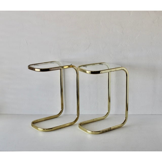 Milo Baughman Milo Baughman Style Brass Glass Cantilever Side Tables Vintage Mid-Century Modern-a Pair For Sale - Image 4 of 14