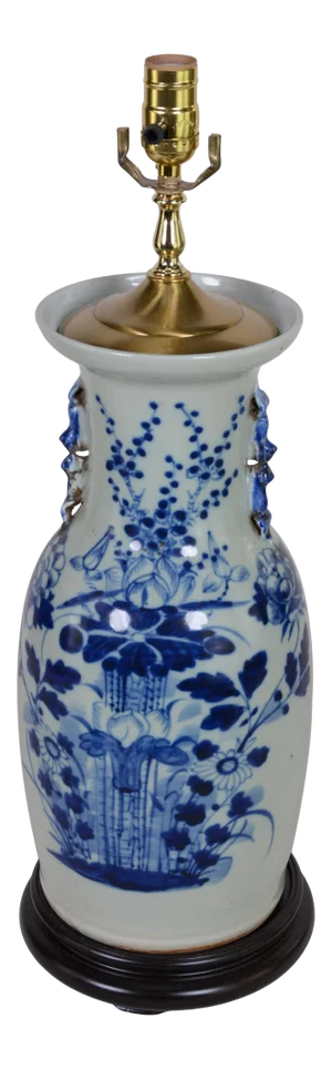 Chinese Antique Celedon Blue and White Vase Table Lamp