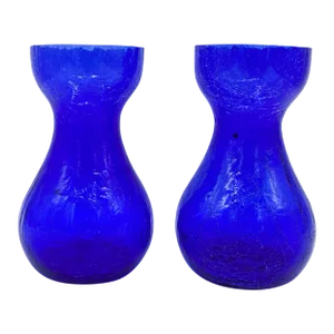 Mid Century Modern Cobalt Blue Crackle Glass Vases- a Pair