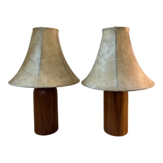 1950s Pair of Mid Century Turned Teak Lamps With Original Shades For Sale