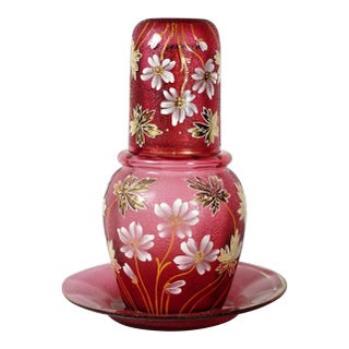 Late 19th Century Victorian Cranberry Glass Enamel Carafe Set, Bedside Decanter, Tumble Up, Cup & Saucer For Sale