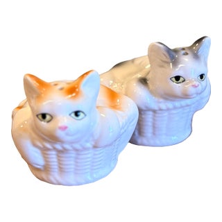 1990s Trompe-l'Oeil Ceramic Cats in Baskets Salt and Pepper Shakers - a Pair For Sale
