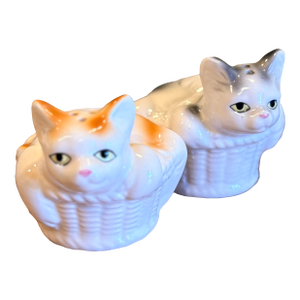 1990s Trompe-l'Oeil Ceramic Cats in Baskets Salt and Pepper Shakers - a Pair