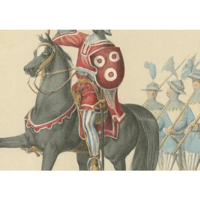 Title: 1855 Swiss Procession – Hans von Breitenlandenberg and the Zurich Banner : This impressive hand-colored lithograph,...