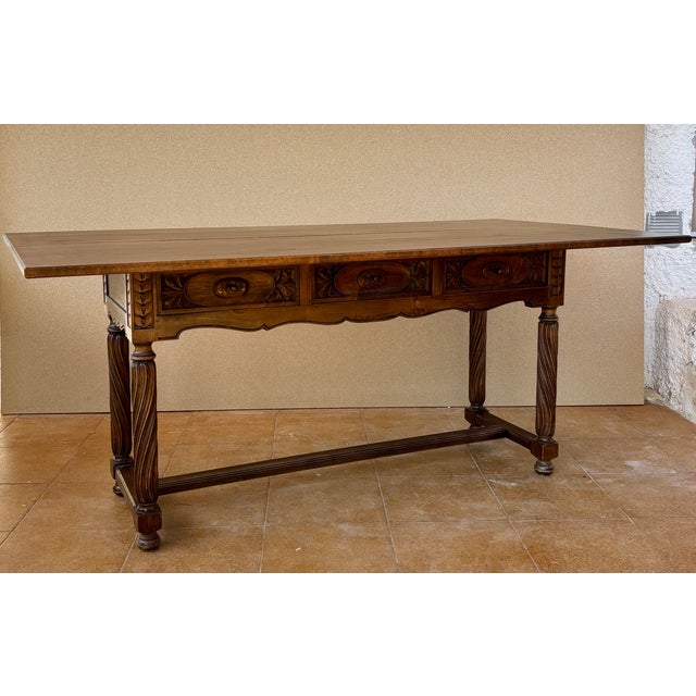 Spanish Walnut Drop-Leaf Table With Three Drawers, 1930s For Sale - Image 4 of 16