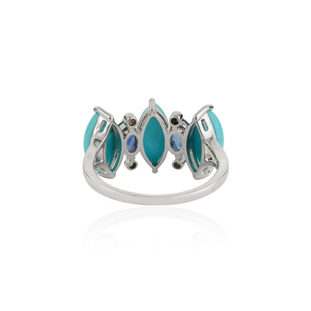18k White Gold 3.31ct Turquoise, Blue Sapphire & Diamond Georgian Revival Ring Size 5 For Sale - Image 9 of 17