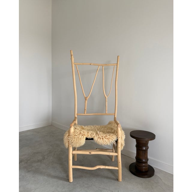 Tall Artist-Made Studio Craft Twig Chair + Woven Checkerboard Seat + Sheepskin For Sale - Image 9 of 17