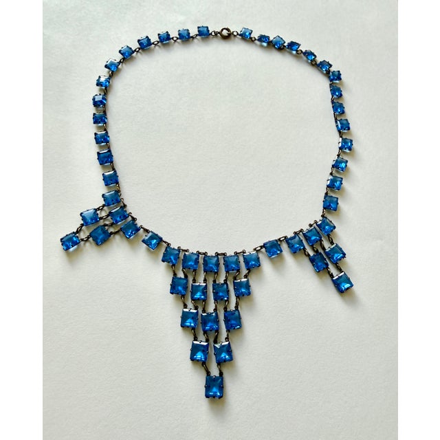 Antique roaring 1920s Art Deco blue Czechoslovakian glass necklace. Unmarked, dainty, prong set in sterling silver 925...