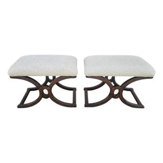 Pair of Thomasville Sculptural Wood Ottomans With New Bouclé Upholstery For Sale