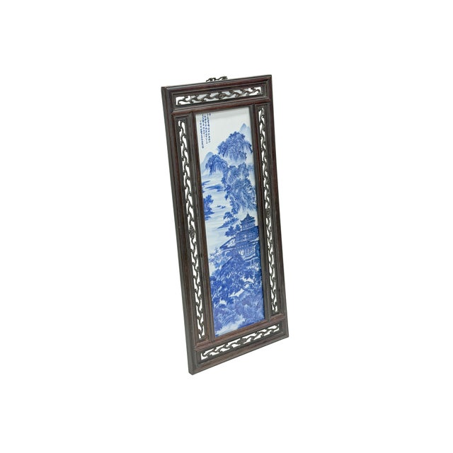 Oriental Blue White Tree Mountain Scenery Porcelain Framed Wall Panel Art For Sale - Image 10 of 11