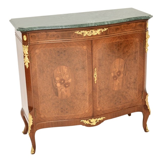 Antique French Burr Walnut Cabinet with Marble Top, 1930s For Sale