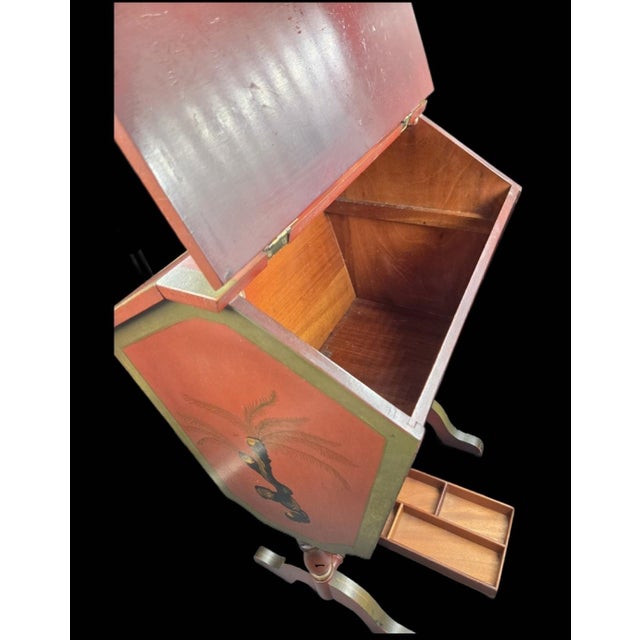 20th Century English Style Red Japan Hinged Two-Sided Flip-Open Top Sewing Cabinet With Removable Tray For Sale In Philadelphia - Image 6 of 18