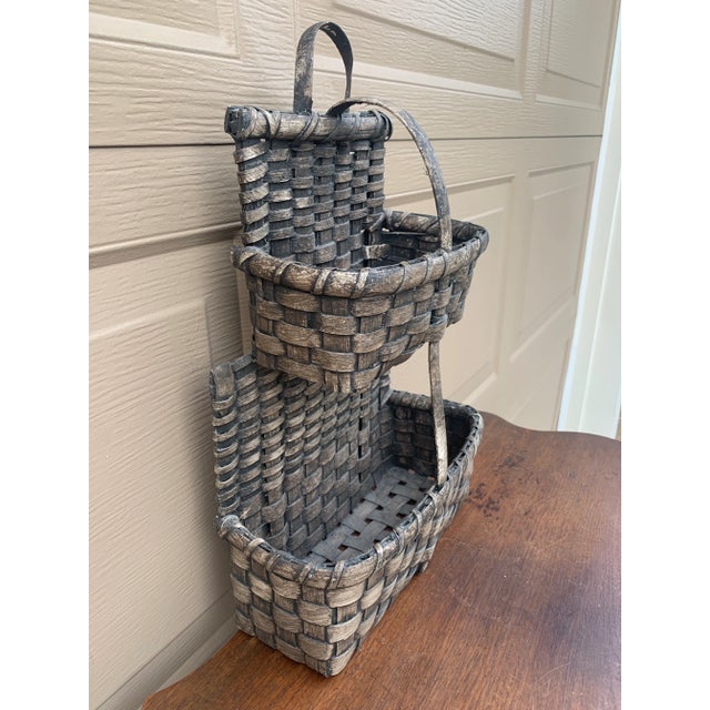 Farmhouse Early 20th Century American Gray Splint Oak Double Hanging Basket For Sale - Image 3 of 10