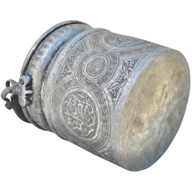 Metal Early 20th Century Hand-Engraved Calligraphy-Patterned Metal Bucket W/ Handle For Sale - Image 7 of 10