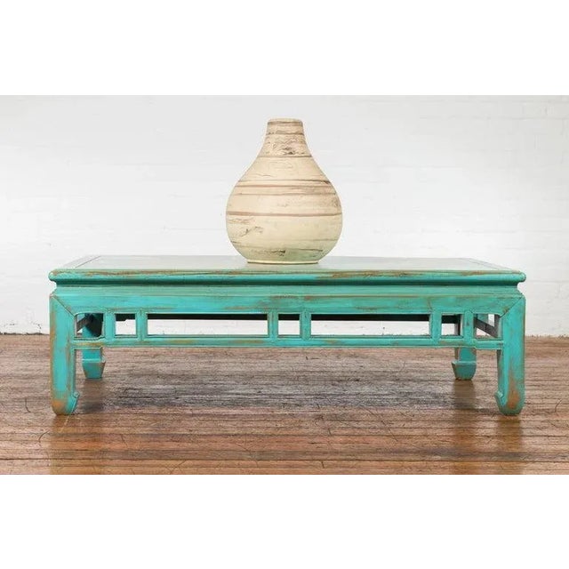 19th Century Chinese Qing Dynasty Low Kang Coffee Table with Custom Aqua Teal Lacquer For Sale - Image 4 of 13