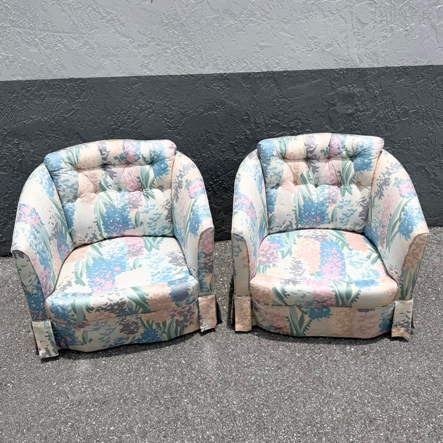 1980s Vintage Postmodern Tufted Swivel Barrel Chairs - A Pair For Sale - Image 5 of 12
