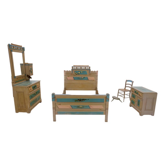 Victorian Hand Painted Dresser Mirror King Bed Headboard Chair Footstool Drawers For Sale