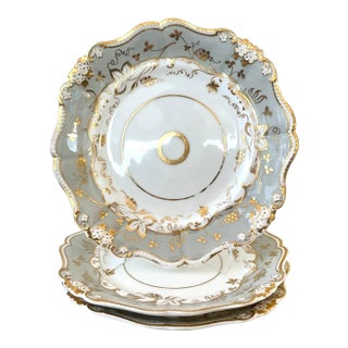 Gray Porcelain Dinner Plates W/22 Karat Gold Trim - Stamped For Sale