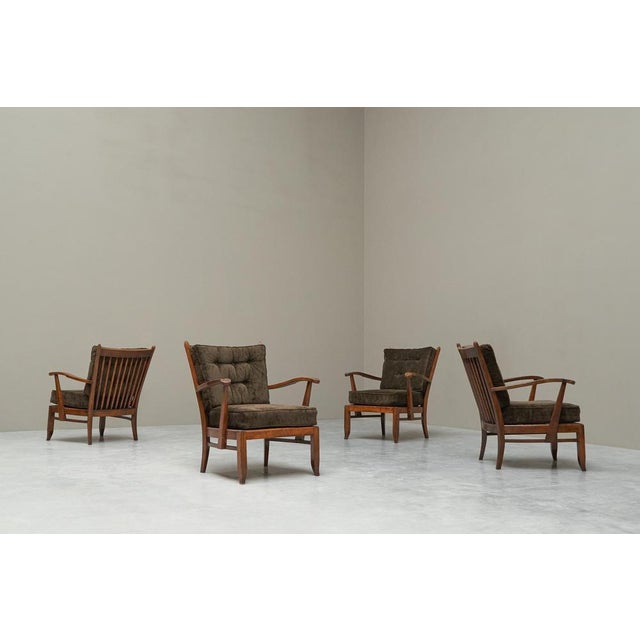Set of 4 Lounge Chairs in Solid Oak and Velvet France 1950s This is a set of 4 mid century lounge chairs in solid oak and...